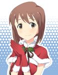  bob_cut brown_eyes brown_hair earrings gloves hagiwara_yukiho holly idolmaster idolmaster_(classic) jewelry nikujiru_(nickjr) red_gloves santa_costume short_hair smile solo 