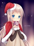  blue_eyes capelet christmas dress gift hat holding holding_gift itou_nanami long_hair looking_at_viewer original red_capelet sagiko santa_costume santa_hat silver_hair smile snow snowing solo 