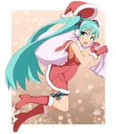  aqua_eyes aqua_hair boots cro dress earmuffs garters gloves hat hatsune_miku high_heels knee_boots long_hair open_mouth project_diva_(series) project_diva_2nd red_gloves sack santa_costume santa_hat shoes solo thighhighs twintails very_long_hair vocaloid 