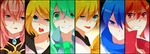  4girls :p achiki aqua_eyes aqua_hair bad_id bad_pixiv_id blonde_hair blue_eyes blue_hair blue_scarf brown_eyes brown_hair face grin hatsune_miku kagamine_len kagamine_rin kaito megurine_luka meiko multiple_boys multiple_girls necktie open_mouth pink_hair portrait scarf short_hair smile tongue tongue_out vocaloid 