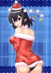  adapted_costume ass bare_shoulders black_hair black_panties blush breasts embarrassed from_behind hat heka=ton looking_at_viewer looking_back medium_breasts open_mouth panties pointy_ears pom_pom_(clothes) red_eyes santa_costume shameimaru_aya solo star tokin_hat touhou underwear 
