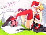  blonde_hair blue_eyes boots bulge christmas cloud_strife crossdressing final_fantasy final_fantasy_vii final_fantasy_vii_advent_children gloves hat male_focus materia mismatched_footwear otoko_no_ko red_gloves santa_costume shima_chiyo short_hair solo thigh_boots thighhighs 