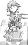  .hack//games 1girl ^_^ ahoge arm_garter artist_request closed_eyes dual_wielding gloves greyscale holding monochrome natsume_(.hack//) rock shield short_hair simple_background skirt smile solo weapon white_background 