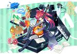  boots child-box cul feathers flower guitar instrument keyboard_(instrument) long_hair microphone paintbrush ponytail red_eyes red_hair solo speaker striped striped_legwear thighhighs vocaloid 