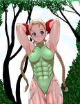  1girl abs areolae armpits blonde_hair blue_eyes breasts cammy_white capcom erect_nipples female isami_jun isamijun long_hair muscle nipples outdoors outside pussy scar solo standing street_fighter swimsuit vagina 