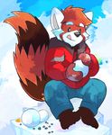  barefoot chibi eyebrows male mammal red_panda snow solo super-tuler tail 