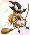  apron braid broom buttons chibi hair_ribbon hands hat hat_ribbon highres im_(badmasa) kirisame_marisa long_hair looking_at_viewer magic mary_janes open_mouth orange_eyes outstretched_hand ribbon shoes side_braid skirt skirt_set smile socks solo star touhou waist_apron witch_hat yellow_eyes 
