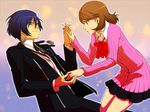  1girl bad_id bad_pixiv_id blue_eyes blue_hair brown_eyes brown_hair choker couple digital_media_player fujino_miyabi headphones hetero holding_hands persona persona_3 school_uniform short_hair skirt smile takeba_yukari yuuki_makoto 