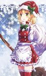  alternate_color bag blonde_hair bow braid dress hat kirisame_marisa kohaku. mop open_mouth red_legwear santa_hat smile snow solo thighhighs touhou zettai_ryouiki 