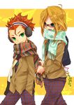  2boys bag blonde_hair blue_eyes coat earmuffs fang goggles green_eyes headband inazuma_eleven inazuma_eleven_(series) inazuma_eleven_go kita_ichiban long_hair memeo_(candy_house) multiple_boys nishinosora_yoichi open_mouth orange_hair ponytail scarf school_uniform short_hair smile trap 