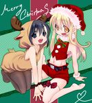  akiyama_tooru animal_costume black_eyes black_hair black_legwear blonde_hair blush christmas crossdressing english hat hood hoodie long_hair male male_focus merry_christmas multiple_boys navel open_mouth orange_eyes original pantyhose pointy_ears reindeer_costume santa_costume santa_hat short_hair sitting smile thighhighs trap white_legwear 