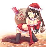  all_fours bad_id bad_pixiv_id black_hair black_legwear blue_eyes blush boots breasts candy candy_cane christmas cleavage elbow_gloves food front-tie_top gift gloves hat holding holding_sack large_breasts long_hair merry_christmas mouth_hold navel one_eye_closed original peach_(momozen) red_gloves sack santa_costume santa_hat skirt smile solo thighhighs 