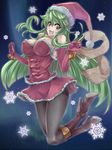  black_legwear blue_background boots breasts christmas dtcy full_body gloves green_hair hat knee_boots large_breasts long_hair original pantyhose red_eyes red_gloves red_skirt santa_costume santa_hat scarf skirt smile snowflakes 