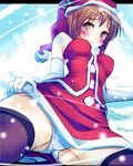  bare_shoulders black_legwear blush brown_eyes brown_hair elbow_gloves gloves hagiwara_yukiho idolmaster idolmaster_(classic) natsu_(anta_tte_hitoha) open_mouth panties pantyshot santa_costume short_hair skirt skirt_lift solo tears thighhighs underwear white_panties 