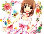  bow brown_eyes brown_hair collarbone dress flower hagiwara_yukiho idolmaster idolmaster_(classic) juuroku_anna looking_at_viewer open_mouth outstretched_arm short_hair simple_background sleeveless solo white_background white_dress 