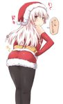  ass black_legwear blush elbow_gloves fujiwara_no_mokou gloves hair_ribbon hands_on_hips hat leaning_forward lockheart pantyhose red_gloves ribbon santa_costume santa_hat silver_hair smile solo touhou translated 