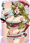  arm_up armpits bag bell bell_collar blonde_hair blush breasts christmas cleavage collar curvy elbow_gloves fang g-string gloves hand_on_hip hat highleg highleg_panties highres horn horn_bell hoshiguma_yuugi large_breasts long_hair microskirt midriff navel open_mouth over_shoulder panties red_eyes red_gloves red_panties santa_costume santa_hat skirt solo star thigh_gap thong touhou translated tsuki_wani underwear 