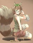  animal_ears bare_shoulders bloomers bottle brown_eyes brown_hair futatsuiwa_mamizou glasses grin leaf leaf_on_head nakajimayou one_eye_closed raccoon_ears raccoon_tail sake_bottle sandals shirt short_hair skirt sleeveless sleeveless_shirt smile solo squatting tail touhou underwear 