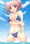  bikini blush cloud day double_bun hidamari_sketch hiro kuriki_(chestnut_tree) ocean open_mouth pink_hair side-tie_bikini sky solo swimsuit wading water 