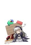  blonde_hair chibi closed_eyes directional_arrow dress gothic_lolita gucchi hairband lolita_fashion lolita_hairband long_hair multiple_girls rozen_maiden shinku silver_hair sleeping suigintou twintails white_background 