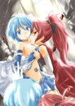  blue_eyes blue_hair bow breasts broken_mirror cleavage detached_sleeves dress gloves hair_bow long_hair magical_girl mahou_shoujo_madoka_magica midriff miki_sayaka mirror multiple_girls open_mouth ponytail red_dress red_eyes red_hair reflection sakura_kyouko shirt shirt_pull short_hair skirt small_breasts tongue tongue_out urutsu_sahari white_gloves yuri 