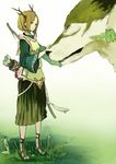 animal antlers arrow bow_(weapon) brown_hair closed_eyes grass green_eyes highres mk_(masatusaboten) original petting quiver sandals short_hair solo tunic weapon wolf 