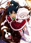  animal aqua_eyes black_hair blush boots cat christmas dog elbow_gloves fang from_above ganaha_hibiki gloves hamster hamuzou highres idolmaster idolmaster_(classic) inumi open_mouth ponytail sack santa_costume smile solo st_bernard thighhighs tsuttsu white_gloves white_legwear winter winter_clothes zettai_ryouiki 