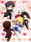  2boys 3girls armor artoria_pendragon_(all) bad_id bad_pixiv_id bird black_hair black_keys blonde_hair brown_hair chasing chibi cross emiya_kiritsugu excalibur fate/zero fate_(series) gun hair_pull highres hisau_maiya irisviel_von_einzbern joyce941222 kotomine_kirei multiple_boys multiple_girls no_legwear saber sparkle sword thighhighs weapon white_hair wire 