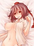  bed_sheet blush bottomless breasts breasts_apart brown_hair dress_shirt groin hat large_breasts looking_at_viewer lying naked_shirt navel nipples no_bra on_back open_clothes open_mouth open_shirt oshiruko_(tsume) red_eyes shameimaru_aya shirt short_hair solo sweat tokin_hat touhou upper_body 