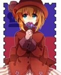  axis_powers_hetalia blonde_hair blue_eyes coat crown dress flag flower hair_ribbon hat kanna-mika liechtenstein_(hetalia) ribbon short_hair solo symbol-shaped_pupils 