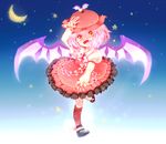  :d alternate_eye_color crescent_moon dress fang frilled_dress frilled_sleeves frills hand_on_headwear hat kneehighs long_sleeves moon mystia_lorelei open_mouth petticoat pink_hair puffy_sleeves running sleeves_past_wrists smile solo star star_(sky) touhou wings yellow_eyes yousei-sugar 