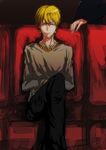  bad_id bad_pixiv_id blonde_hair bracelet casual crossed_arms crossed_legs earrings fate/stay_night fate/zero fate_(series) gilgamesh jewelry kotomine_kirei male_focus multiple_boys necklace norio_(chiki!chiki!) red_eyes short_hair sitting 