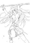  :d ahoge belt bouncing_breasts breasts eiyuu_densetsu estelle_bright fingerless_gloves gloves greyscale highres isedaichi_ken long_hair medium_breasts monochrome open_mouth polearm sketch skirt smile solo sora_no_kiseki staff thighhighs twintails weapon 