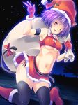  animal_ears armlet belt black_background black_legwear boots breasts cat_ears cat_tail christmas cleavage_cutout gloves hat heart heart_cutout knee_boots kneeling maki_(seventh_heaven_maxion) medium_breasts midriff navel one_eye_closed original purple_hair red_gloves red_skirt santa_costume santa_hat shiny shiny_skin shirt short_hair skindentation skirt smile solo tail taut_clothes taut_shirt thighhighs underboob v yellow_eyes zettai_ryouiki 