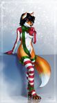  blue_eyes canine clothed clothing female fox hair mammal pocketwolverine scarf skimpy solo standing stripes 