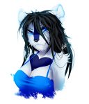  alestra black_hair black_nose blue_eyes blue_shirt blue_topwear camisole cat clothed clothing fangs feline female fluffy fur hair halter_top inner_ear_fluff invalid_tag looking_at_viewer mammal shirt snout solo tank_top tofu93 watermark white_fur 