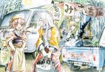  3girls alternate_costume animal_ears apron apron_lift arm_up bag bamboo bamboo_forest banner black_gloves blonde_hair blush bottle bow braid carrying chopsticks closed_eyes coal cup dress ex-keine forest fujiwara_no_mokou gintama glasses gloves ground_vehicle hair_bow hair_ribbon hand_to_own_mouth hat holding japanese_clothes justaway kamishirasawa_keine kirisame_marisa lantern long_hair looking_at_another master_(4th) morichika_rinnosuke motor_vehicle multiple_girls mystia_lorelei nature no_hat no_headwear obi okamisty open_mouth pants pink_hair pointy_ears red_eyes ribbon sake_bottle sash scarf shelf shirt shop short_hair side_braid single_braid sitting sitting_on_lap sitting_on_person sleeves_pushed_up smile sukusuku_hakutaku tokkuri toolbox touhou truck white_gloves white_hair white_shirt wide_sleeves wings yellow_eyes 