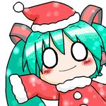  annyui aqua_hair blush christmas hat hatsune_miku o_o santa_costume santa_hat simple_background solo twintails vocaloid 