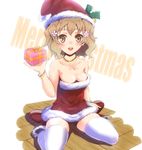  bare_shoulders bell blush boots borubikku bracelet breasts brown_eyes brown_hair christmas cleavage collarbone flower gift hair_flower hair_ornament hanasaku_iroha hat holding holding_gift jewelry large_breasts looking_at_viewer matsumae_ohana merry_christmas necklace open_mouth santa_costume santa_hat sitting solo thighhighs wariza white_legwear 
