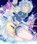  apron bad_id bad_pixiv_id between_fingers blue_eyes blue_skirt blush braid chorin garter_straps gloves hair_ribbon highres izayoi_sakuya knife maid maid_headdress open_mouth pocket_watch ribbon skirt solo thighhighs touhou twin_braids upskirt watch white_gloves white_legwear 