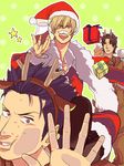  alcohol animal_costume antlers bad_id bad_pixiv_id blonde_hair blue_hair brown_eyes brown_hair christmas cup drinking_glass expressionless fate/stay_night fate_(series) gilgamesh hat highres jitome kotomine_kirei lancer long_hair male_focus multiple_boys okomeumeinya ponytail red_eyes reindeer_costume santa_costume santa_hat short_hair wine wine_glass 