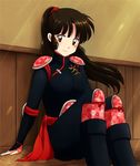  armor brown_eyes brown_hair eyeshadow inuyasha japanese_clothes long_hair makeup md5_mismatch ponytail sango sitting smile solo tennen_shiori 