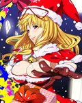  adapted_costume bell blonde_hair box breasts brown_gloves bursting_breasts capelet cleavage gift gift_box gloves hair_ribbon haruichi hat hat_ribbon large_breasts purple_eyes ribbon santa_costume santa_hat smile solo star touhou yakumo_yukari 