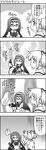  4koma akemi_homura bow bowtie comic commentary_request glasses greyscale gun highres homu kamen_rider kamen_rider_fourze_(series) kaname_madoka long_hair mahou_shoujo_madoka_magica monochrome multiple_girls parody school_uniform short_twintails sweatdrop sword translated twintails weapon yuuki_akira 