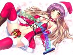  bell blonde_hair blush boots breasts christmas detached_sleeves gradient_hair hijiri_byakuren large_breasts long_hair lying multicolored_hair navel nonbei on_back purple_hair santa_costume smile solo sorcerer's_sutra_scroll thighhighs touhou two-tone_hair yellow_eyes 
