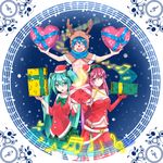  2girls animal_costume aqua_eyes aqua_hair beamed_eighth_notes beamed_sixteenth_notes bow bowtie christmas closed_eyes eighth_note eighth_rest gift hairband half_note hat hatsune_miku kaito long_hair megurine_luka multiple_girls musical_note navel open_mouth pink_eyes pink_hair quarter_note quarter_rest red_nose reindeer_costume santa_costume santa_hat shirousagi_uyu sixteenth_note skirt staff_(music) treble_clef twintails very_long_hair vocaloid 