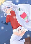  ahoge blue_eyes braid highres izayoi_sakuya nigo_(aozoragarou) panties pantyshot santa_costume silver_hair solo thighhighs touhou twin_braids underwear white_legwear white_panties 