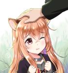  1girl animal_ears blush brown_hair child collar face highres linda_b one_eye_closed open_mouth petting raccoon_ears raccoon_girl raphtalia red_eyes solo_focus tate_no_yuusha_no_nariagari tears wavy_mouth 