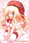  blonde_hair blue_eyes bra breasts hat large_breasts lily_white lingerie long_hair one_eye_closed panties red_bra red_panties rei_kazami solo thighhighs touhou underwear underwear_only white_legwear 