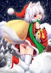  absurdres alternate_costume animal_ears ass bare_shoulders blush boots christmas detached_sleeves fang hat highres inubashiri_momiji open_mouth panties red_eyes rooftop sack santa_costume santa_hat short_hair silver_hair smile snow solo striped striped_panties tail thighhighs touhou underwear white_hair white_legwear wolf_ears wolf_tail wolflong 